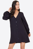 Black Tie Cuff Sleeve Button Down Trapeze Mini Dress