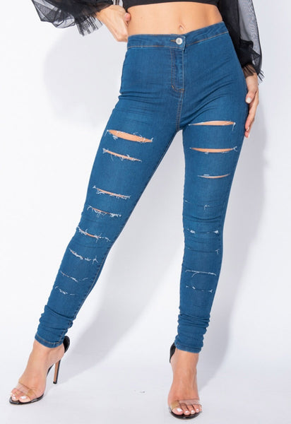 Mid Blue Multi Slash High Waisted Jeggings