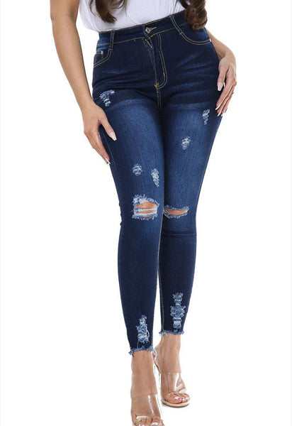 Blue High Waist Freyed Distressed Ripped Jeans