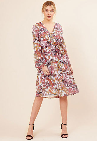 Multi Paisley Print Wrap Midi Dress