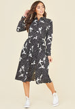 Abstract Brushstroke Print Split Front Long Sleeve Midi Shirt Dress