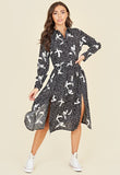 Abstract Brushstroke Print Split Front Long Sleeve Midi Shirt Dress