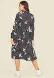 Abstract Brushstroke Print Split Front Long Sleeve Midi Shirt Dress