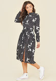 Abstract Brushstroke Print Split Front Long Sleeve Midi Shirt Dress