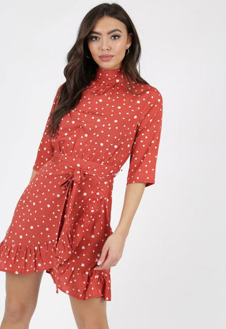 Rust Polkadot High Neck Ruffle Wrap Mini Dress