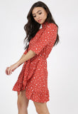 Rust Polkadot High Neck Ruffle Wrap Mini Dress