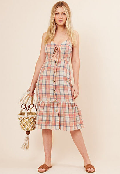 Petite Checked Cotton Ruffle Hem Midi Dress