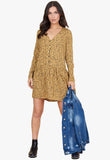 Mustard Floral Print Horn Button Smock Mini Dress