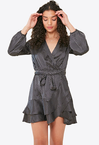 Black Satin Spot Print Ruffle Wrap Dress with Skirt