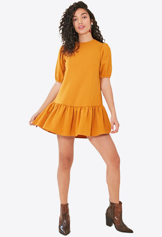 Mustard Dropped Peplum Hem Dress With Puff Sleeves