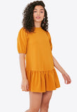 Mustard Dropped Peplum Hem Dress With Puff Sleeves