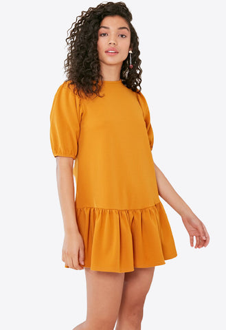 Mustard Dropped Peplum Hem Dress With Puff Sleeves