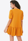 Mustard Dropped Peplum Hem Dress With Puff Sleeves