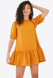 Mustard Dropped Peplum Hem Dress With Puff Sleeves