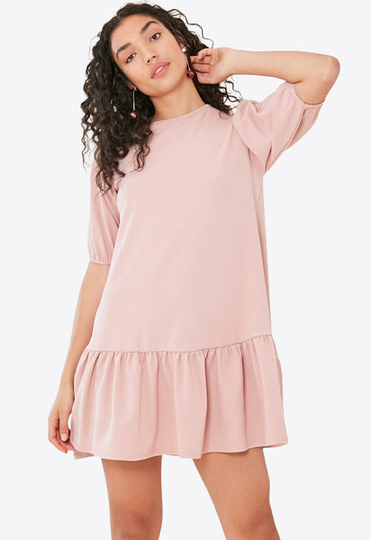 Pink Dropped Peplum Hem Dress With Puff Sleeves