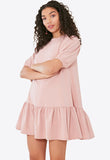 Pink Dropped Peplum Hem Dress With Puff Sleeves