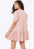 Pink Dropped Peplum Hem Dress With Puff Sleeves