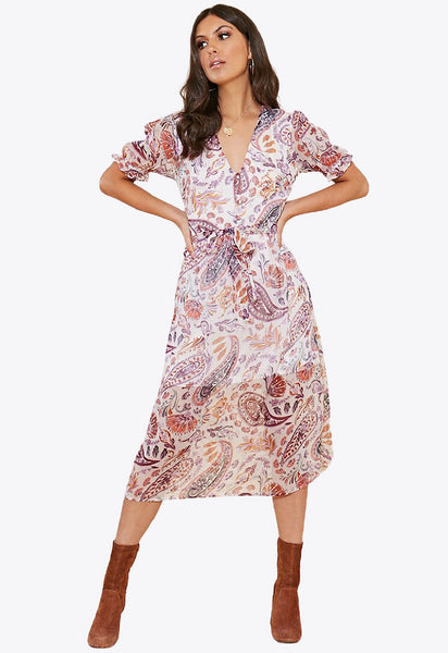 Paisley Print Sheer Puff Sleeve Button Down Midi Dress