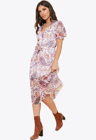 Paisley Print Sheer Puff Sleeve Button Down Midi Dress