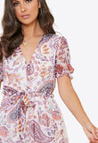 Paisley Print Sheer Puff Sleeve Button Down Midi Dress