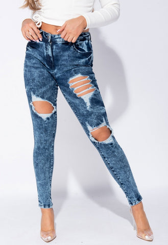 Dark Blue Acid Distressed Front Rip Skinny Jeans