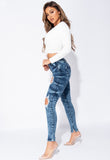 Dark Blue Acid Distressed Front Rip Skinny Jeans