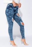 Dark Blue Acid Distressed Front Rip Skinny Jeans