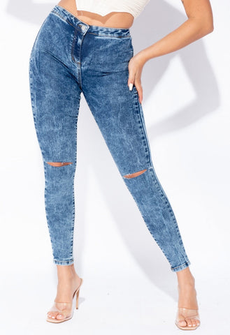 Dark Blue Acid Knee Slash High Waisted Jeggings