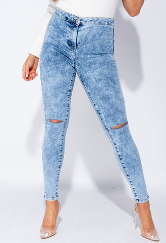 Mid Blue Acid Knee Slash High Waisted Jeggings