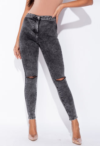 Dark Grey Acid Knee Slash High Waisted Jeggings