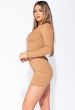 Camel Knit Rib Polo Neck Bodycon Mini Dress