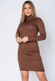 Brown Rib Knit High Neck Bodycon Midi Dress