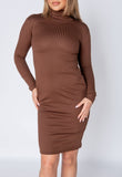 Brown Rib Knit High Neck Bodycon Midi Dress