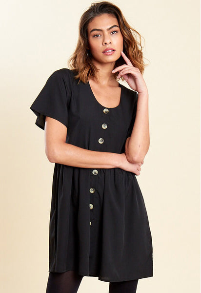 Black Mock Horn Button Front Mini Smock Dress