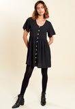 Black Mock Horn Button Front Mini Smock Dress