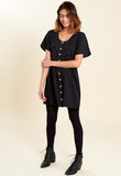 Black Mock Horn Button Front Mini Smock Dress