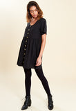 Black Mock Horn Button Front Mini Smock Dress