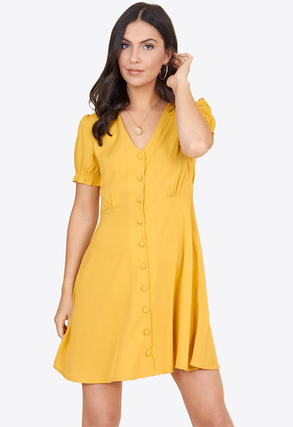 Mustard Short Puff Sleeve Button Down Mini Tea Dress