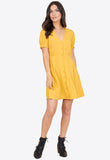 Mustard Short Puff Sleeve Button Down Mini Tea Dress