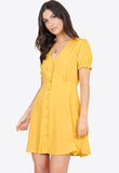 Mustard Short Puff Sleeve Button Down Mini Tea Dress