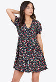 Black Floral Short Puff Sleeve Button Down Mini Tea Dress