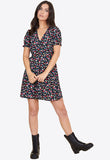 Black Floral Short Puff Sleeve Button Down Mini Tea Dress