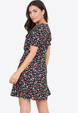 Black Floral Short Puff Sleeve Button Down Mini Tea Dress