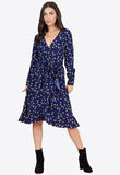 Navy Floral Print Belted Ruffle Hem Wrap Midi Dress