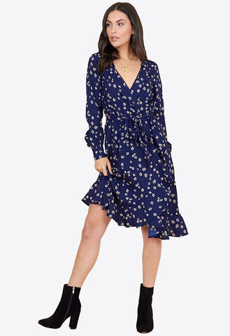 Navy Floral Print Belted Ruffle Hem Wrap Midi Dress