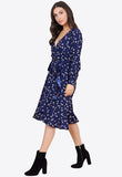 Navy Floral Print Belted Ruffle Hem Wrap Midi Dress