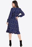 Navy Floral Print Belted Ruffle Hem Wrap Midi Dress