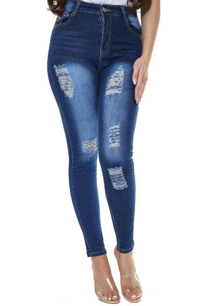 Dark Blue Denim Faded Distressed Ripped Jeans