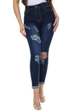 Dark Blue Denim Turn Up Distressed Ripped Jeans