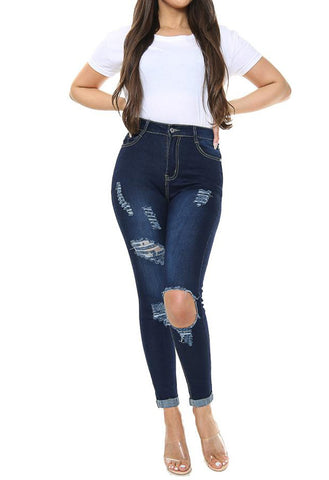 Dark Blue Denim Turn Up Distressed Ripped Jeans